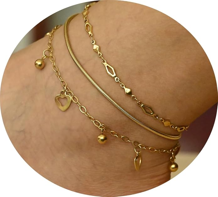 3 Pack Anklet Set for Layering in Yellow Gold