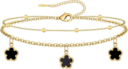 Layered Black Clover Anklets in Yellow Gold