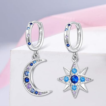 925 Sterling Silver Sun and Moon Hoop Earrings