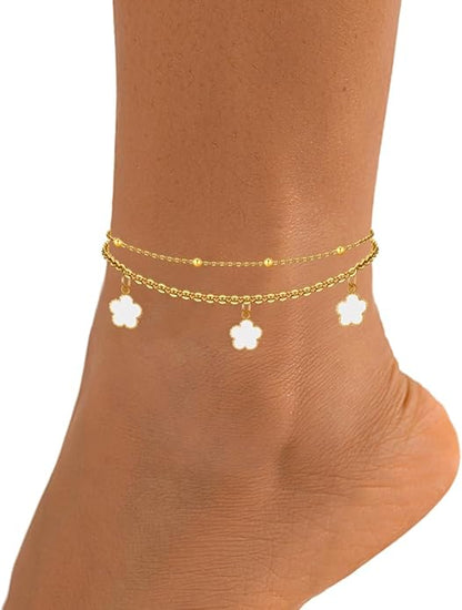 Layered White Clover Anklets in Yellow Gold