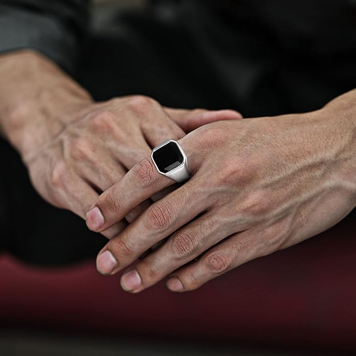 Black Onyx Mens Ring in Silver