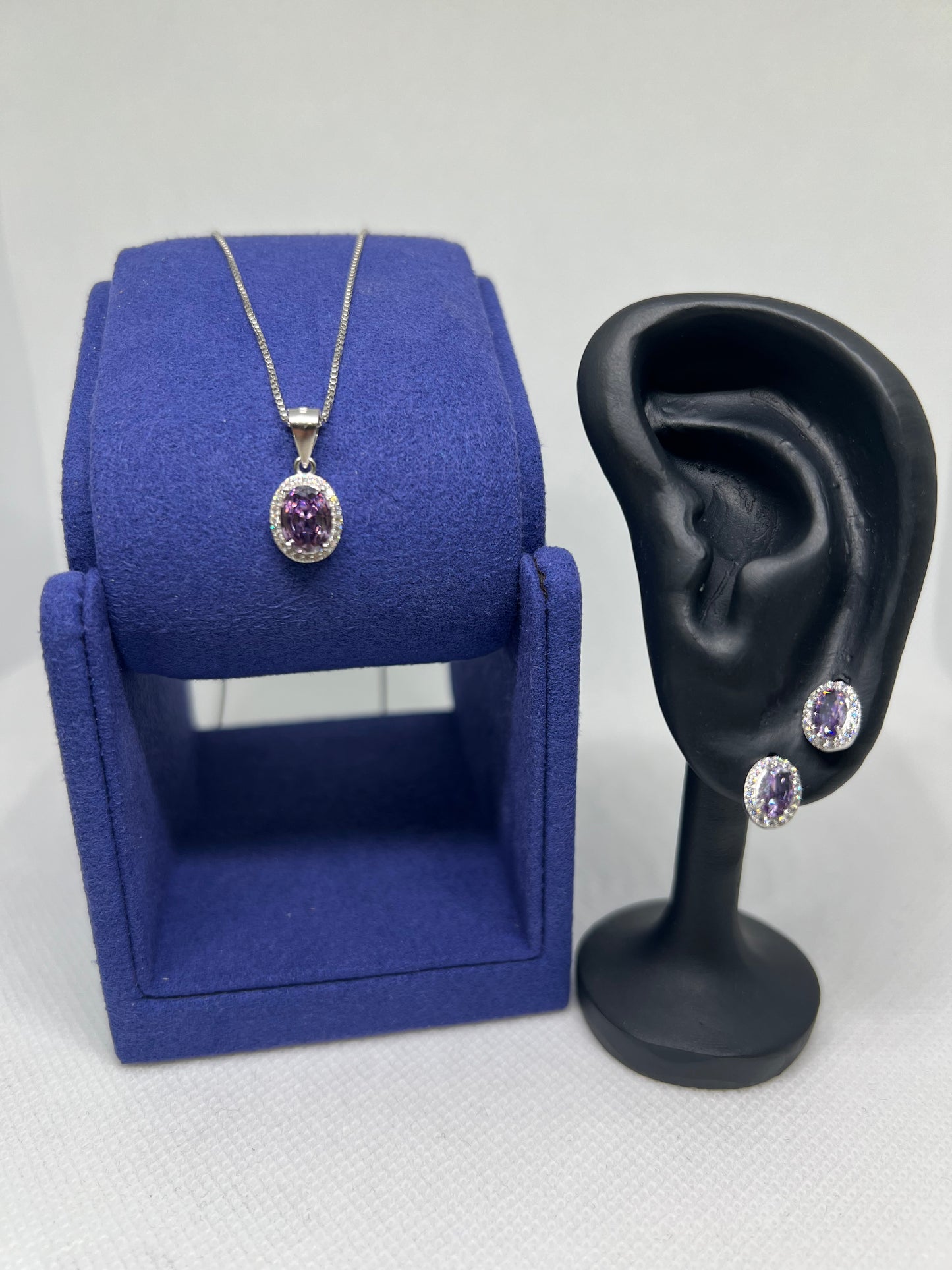 Sterling Silver Purple Diamond Oval Earring and Pendant