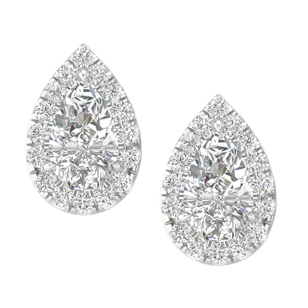 14K White Gold LG Diamond Pear Halo Solitaire Studs