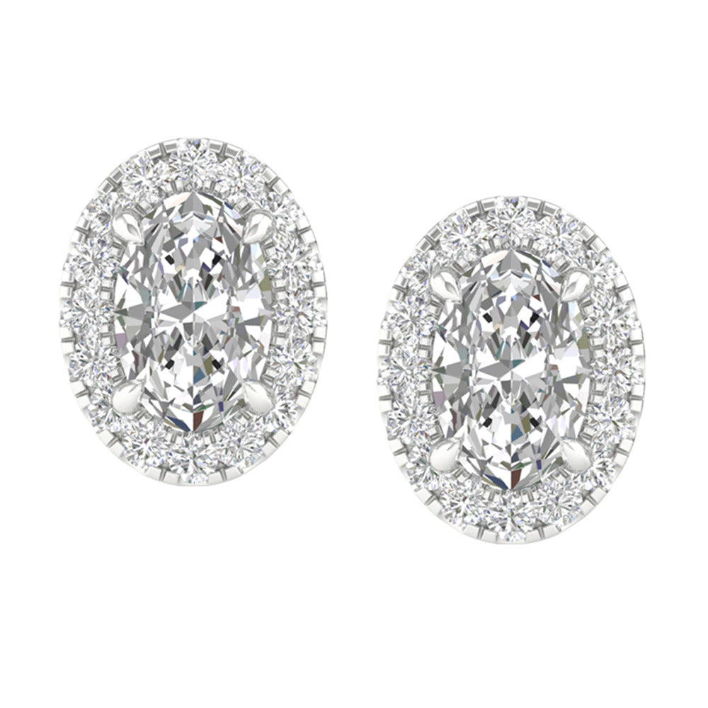 14K White Gold LG Diamond Oval Halo Solitaire Studs