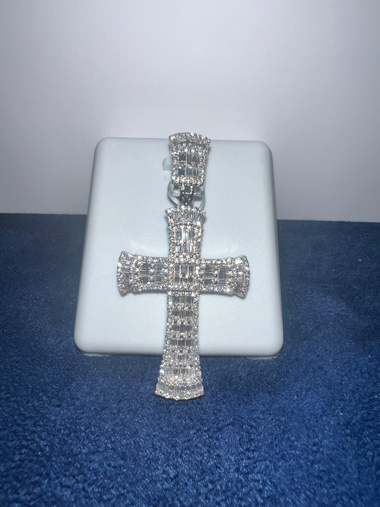 Silver Cross Baguette Moissanite Pendant