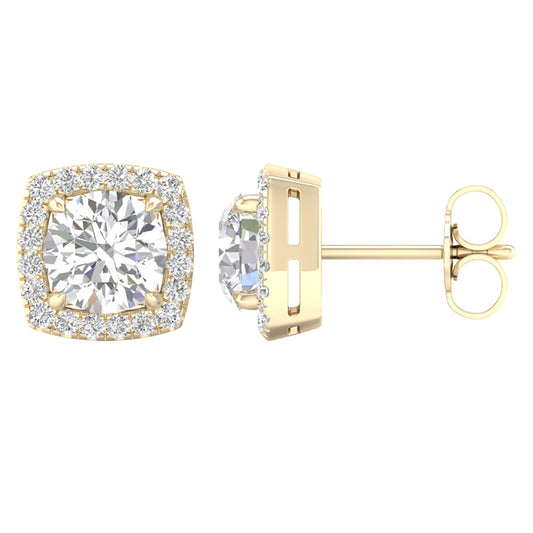 14K Yellow Gold LG Diamond Square Halo Solitaire Studs