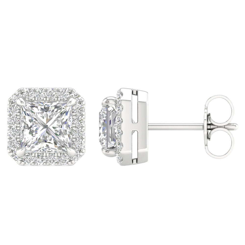 14K White Gold LG Diamond Halo Square Solitaire Studs