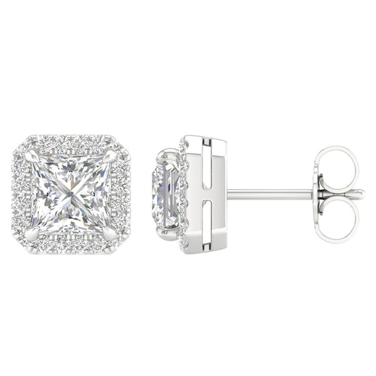 14K White Gold LG Diamond Halo Square Solitaire Studs