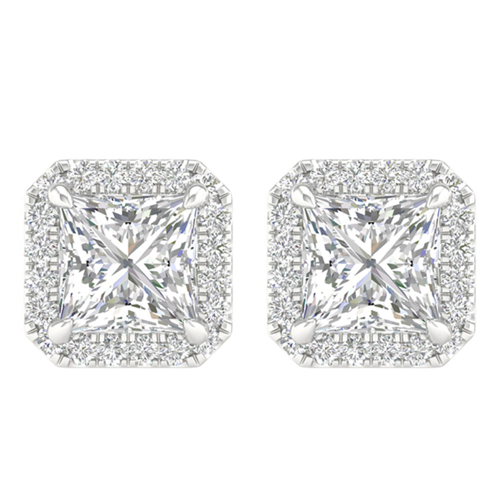 14K White Gold LG Diamond Halo Square Solitaire Studs