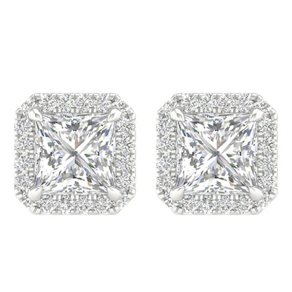 14K White Gold LG Diamond Halo Square Solitaire Studs