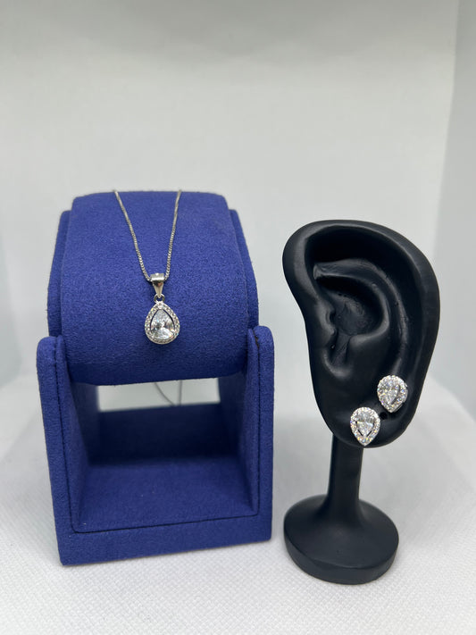 Sterling Silver Teardrop Diamond Earring and Pendant Set