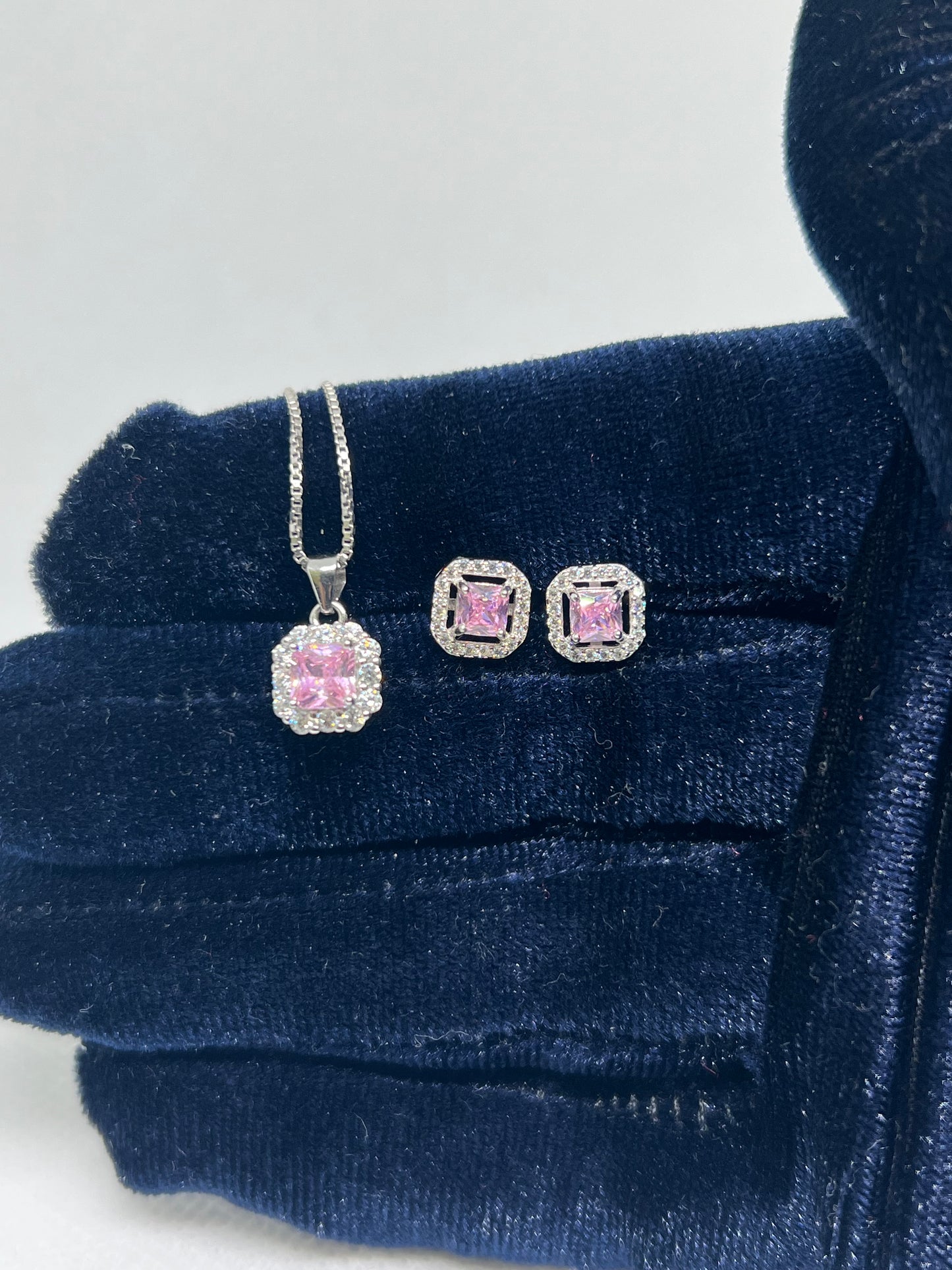Sterling Silver Pink Diamond Square Earring and Pendant Set