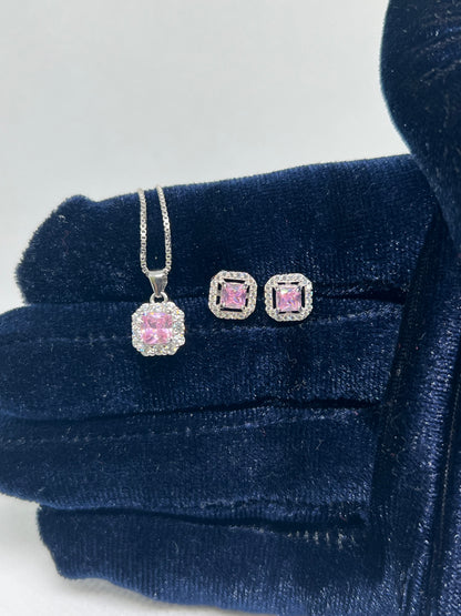 Sterling Silver Pink Diamond Square Earring and Pendant Set