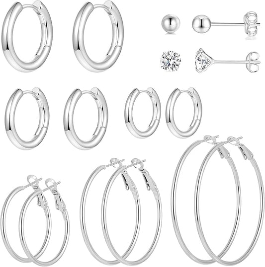 8 Pack Hoop and Stud Earrings in Siver