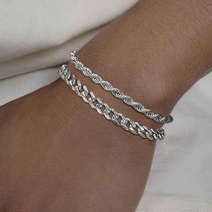 Rope and Cuban Bracelet in Silver