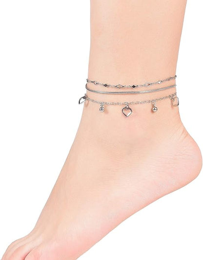 3 Pack Anklet Set for Layering in Silver