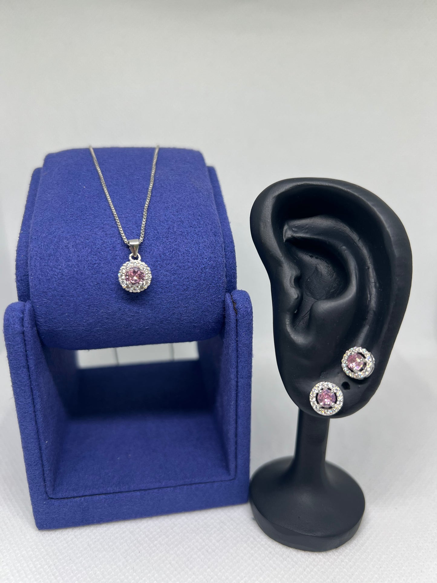 925 Sterling Silver Pink Diamond Circle Earring and Pendant Set
