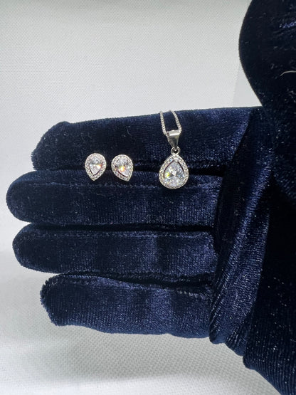 Sterling Silver Teardrop Diamond Earring and Pendant Set