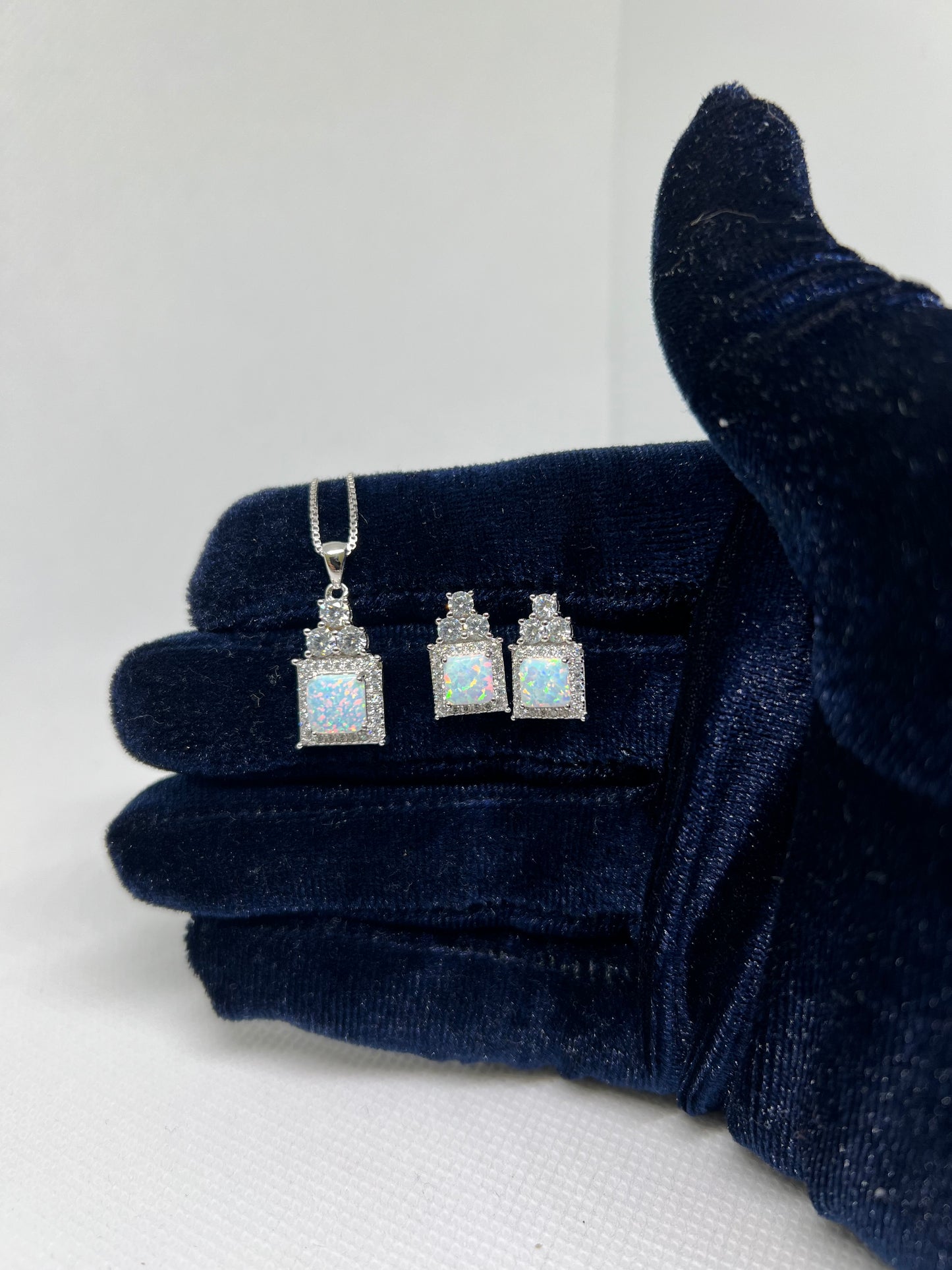 Sterling Silver Opal Square Earring and Pendant Set
