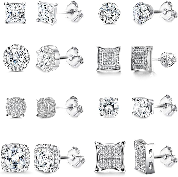 8 Pack Diamond Prong Earrings in Silver