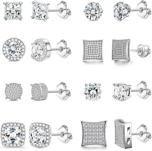 8 Pack Diamond Prong Earrings in Silver