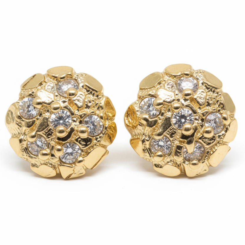 10K Yellow Gold Round Nugget CZ Earrings