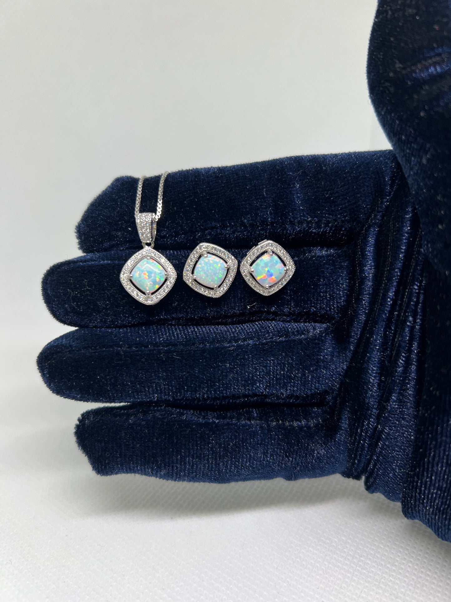 Sterling Silver Opal Halo Square Earring and Pendant Set