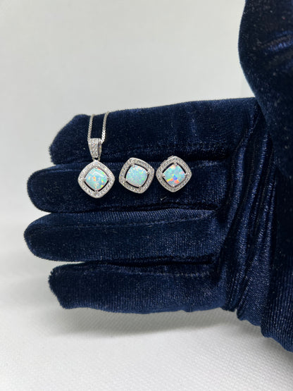 Sterling Silver Opal Halo Square Earring and Pendant Set