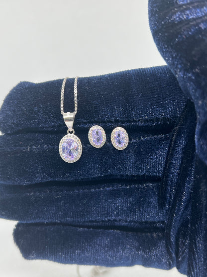 Sterling Silver Alexandrite Oval Earrings and Pendant Set