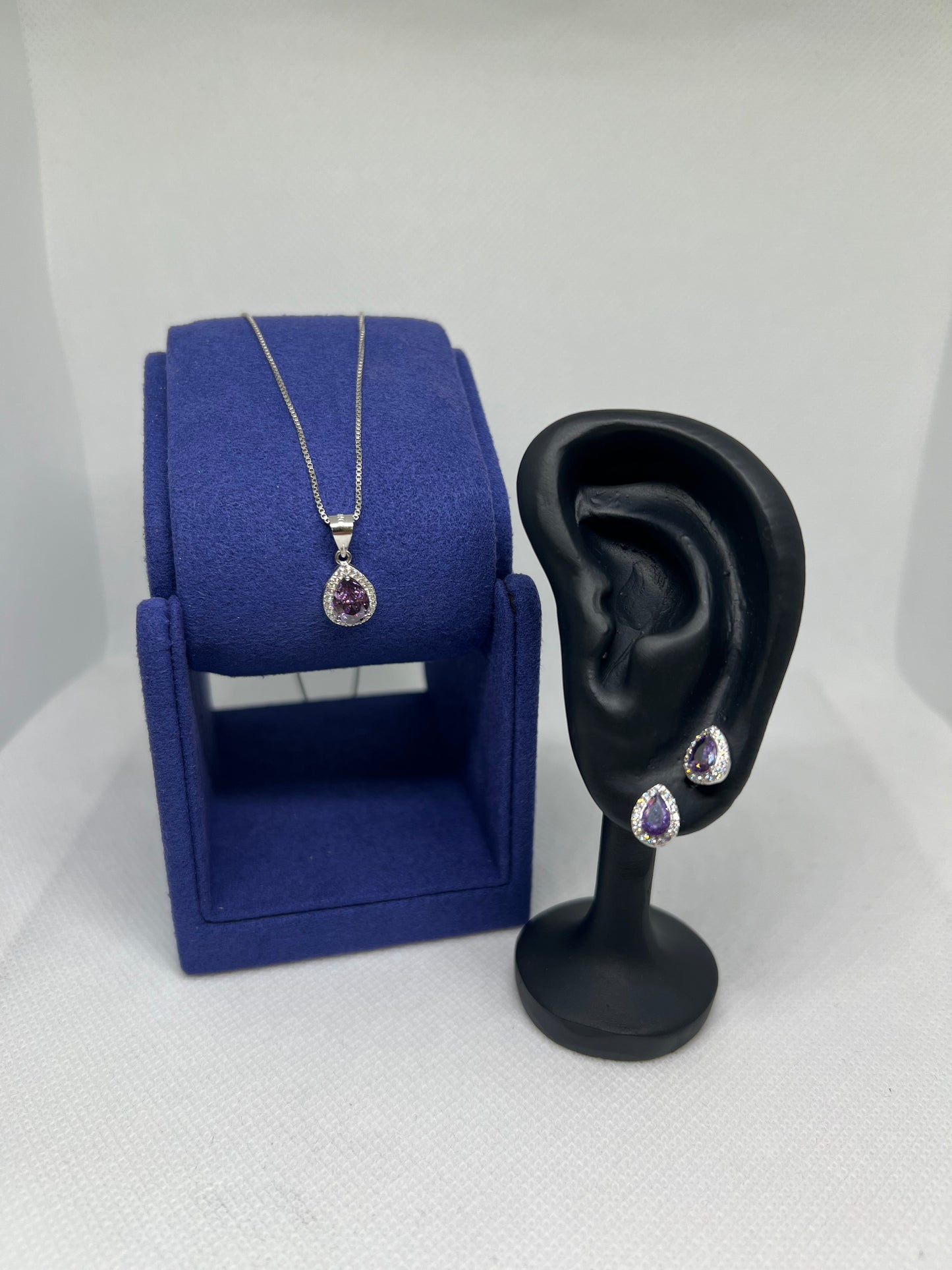 Sterling Silver Purple Diamond Teardrop Earring and Pendant