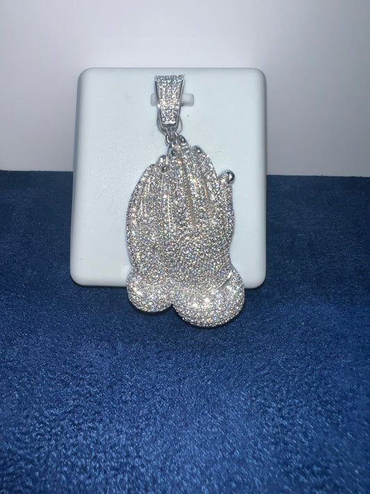 Silver Big Praying Hands Moissanite Pendant