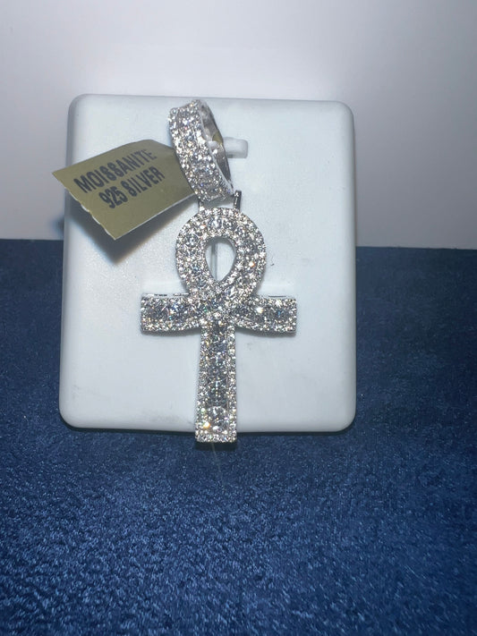 Silver Big Ankh Cross Moissanite Pendant