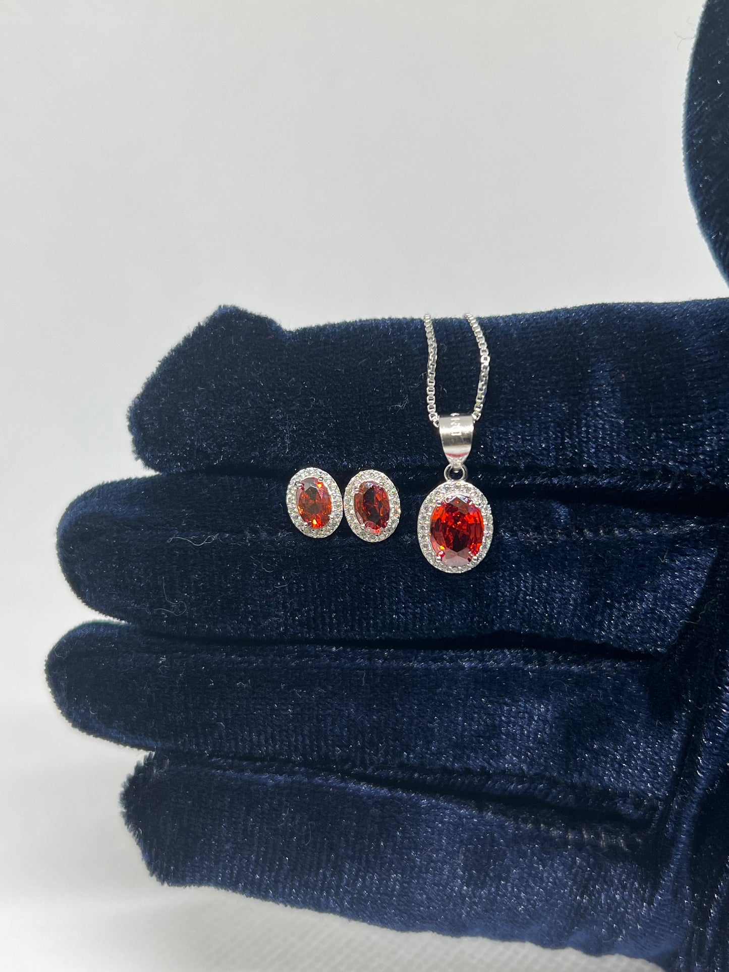 Sterling Silver Garnett Oval Earring and Pendant Set