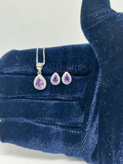 Sterling Silver Purple Diamond Teardrop Earring and Pendant