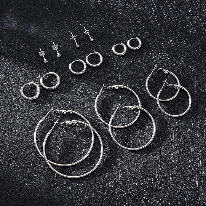 8 Pack Hoop and Stud Earrings in Siver