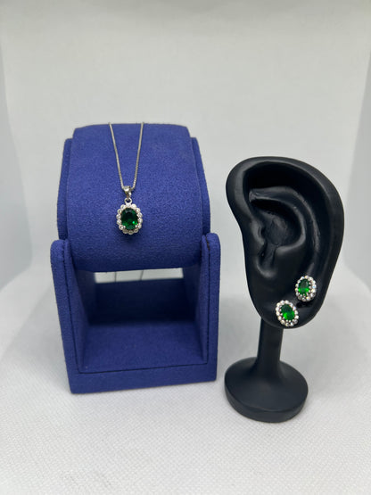 Sterling Silver Emerald Oval Earring and Pendant Set