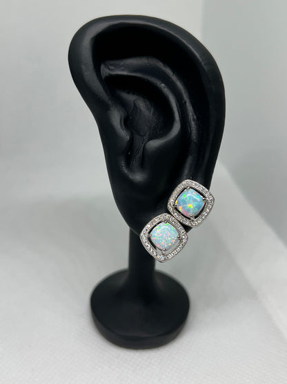 Sterling Silver Opal Halo Square Earring and Pendant Set