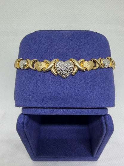 10K Solid Gold Two Tone Heart Bracelet - 8 Inches