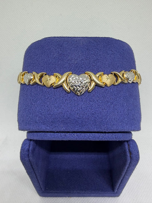 10K Solid Gold Two Tone Heart Bracelet - 8 Inches