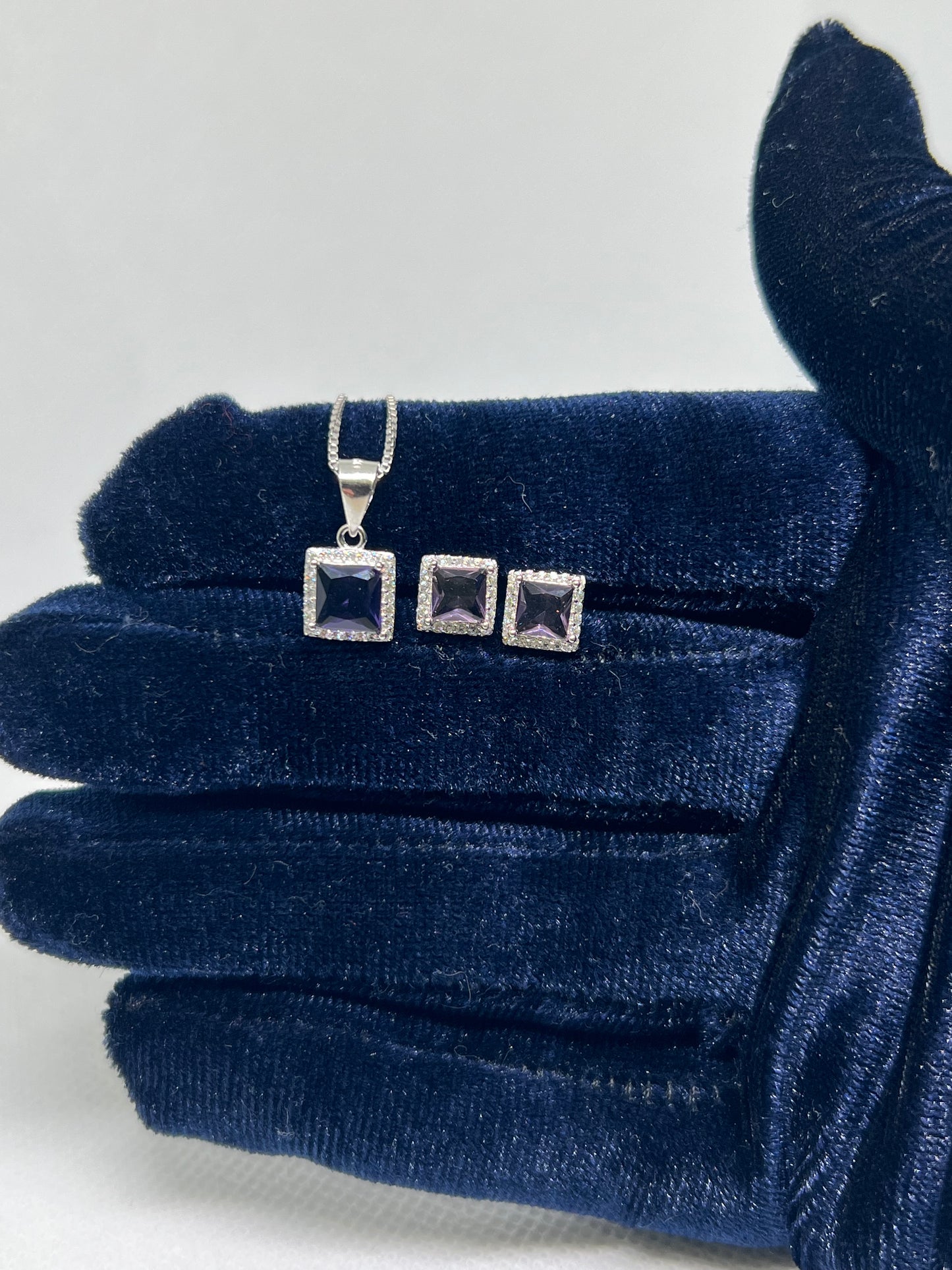 Sterling Silver Purple Diamond Radiant Earring and Pendant Set