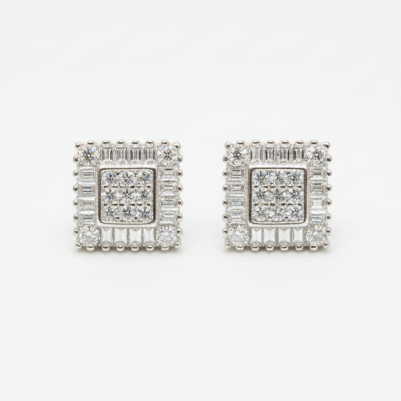 Sterling Silver Square Baguette Edge Moissanite Earring