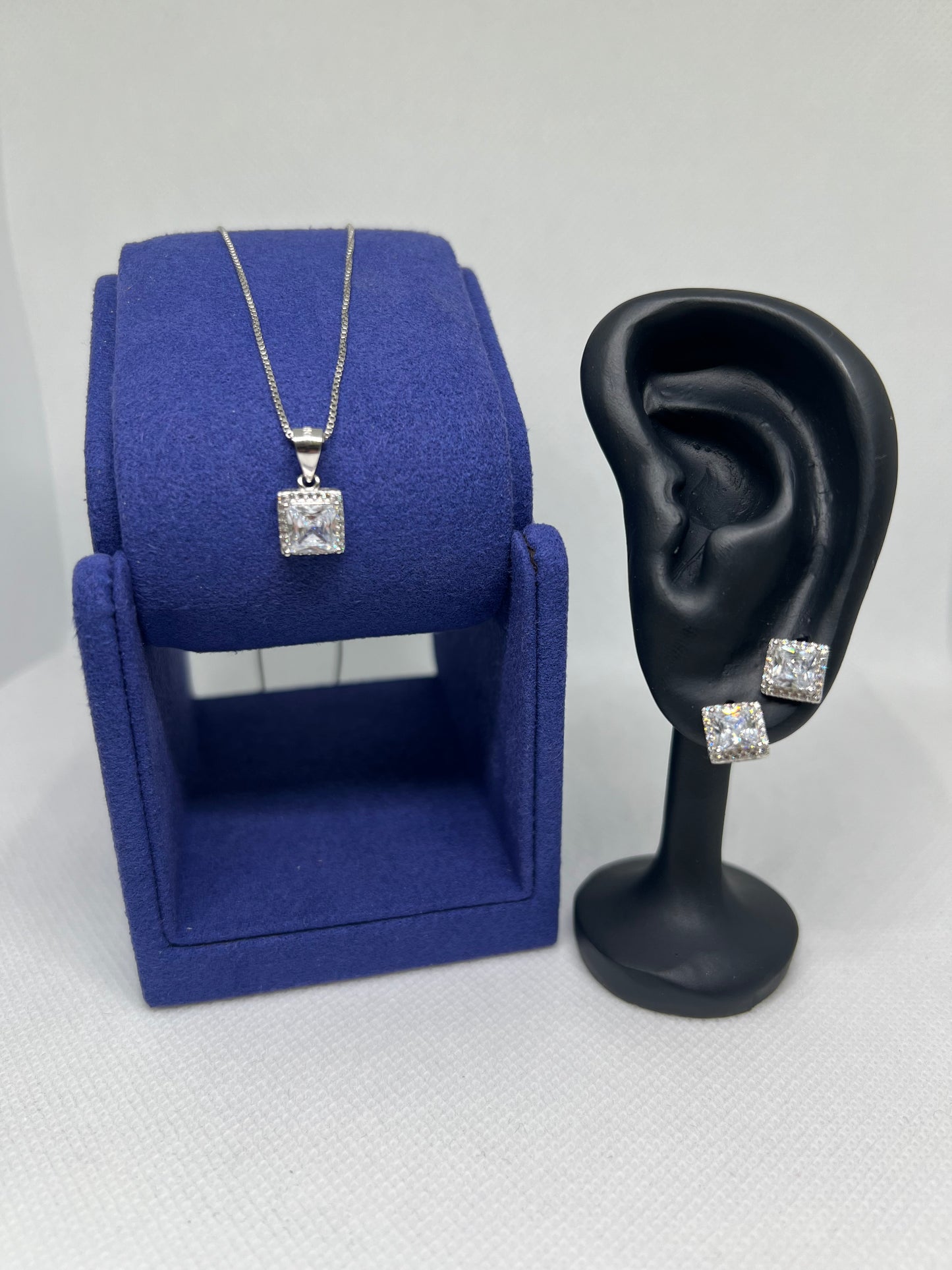 Sterling Silver Radiant Diamond Earring and Pendant