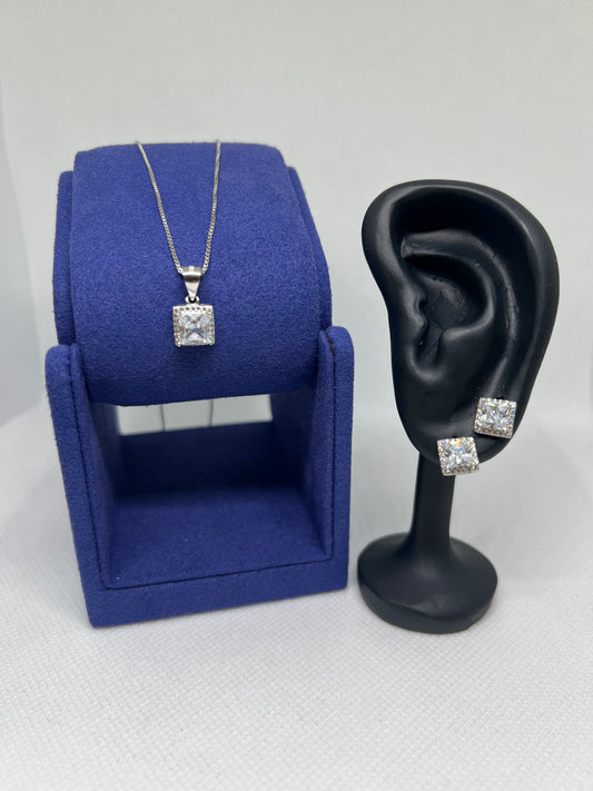 Sterling Silver Radiant Diamond Earring and Pendant