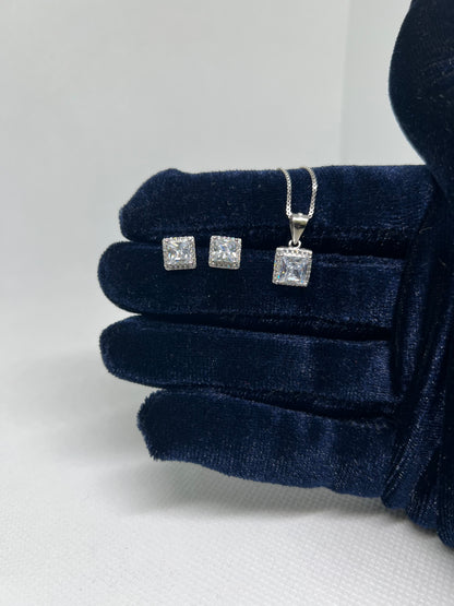 Sterling Silver Radiant Diamond Earring and Pendant