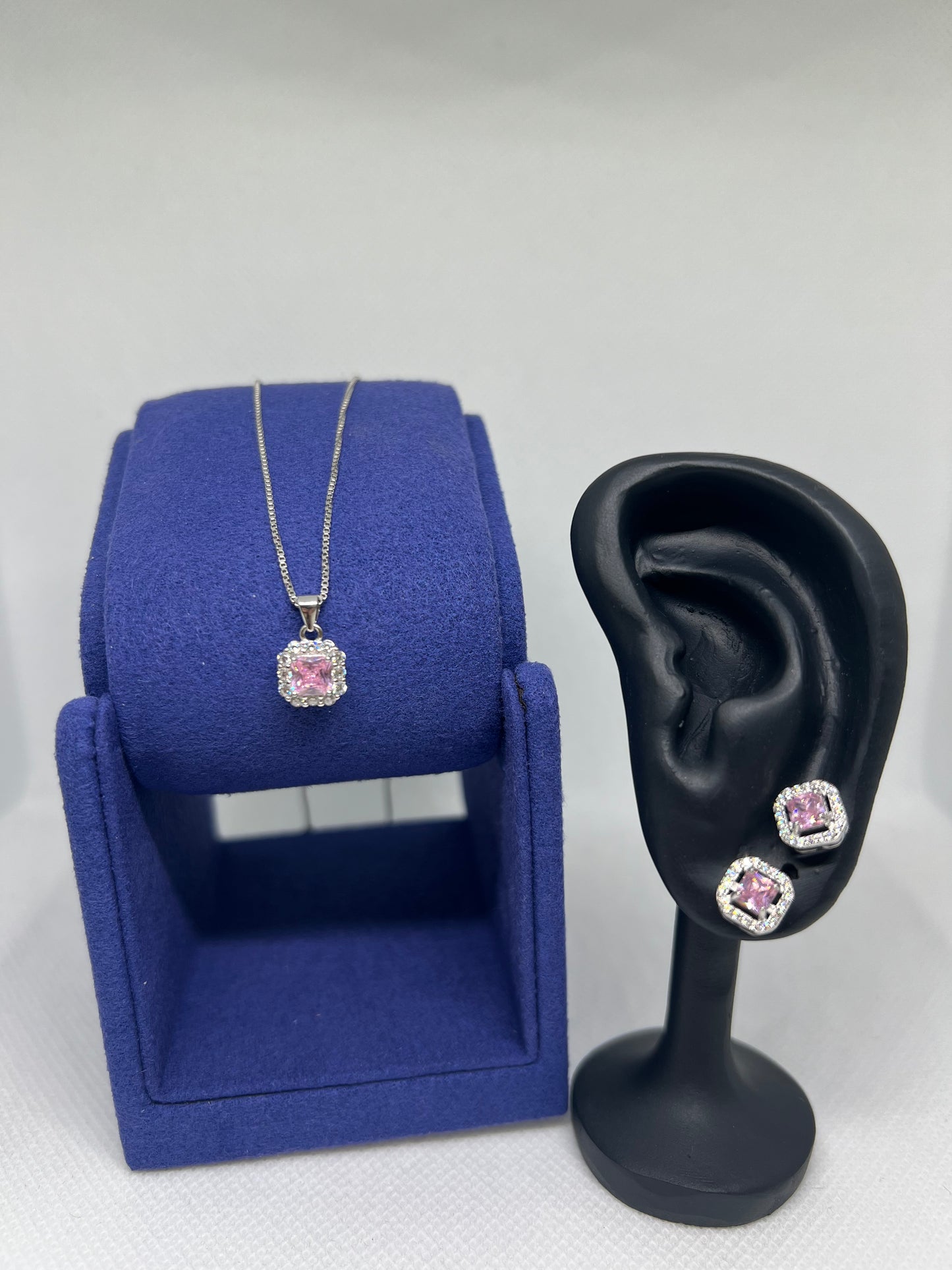 Sterling Silver Pink Diamond Square Earring and Pendant Set