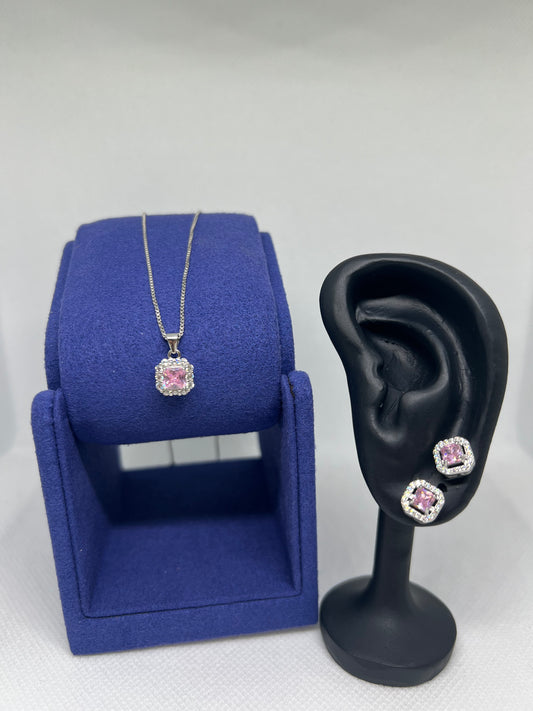Sterling Silver Pink Diamond Square Earring and Pendant Set