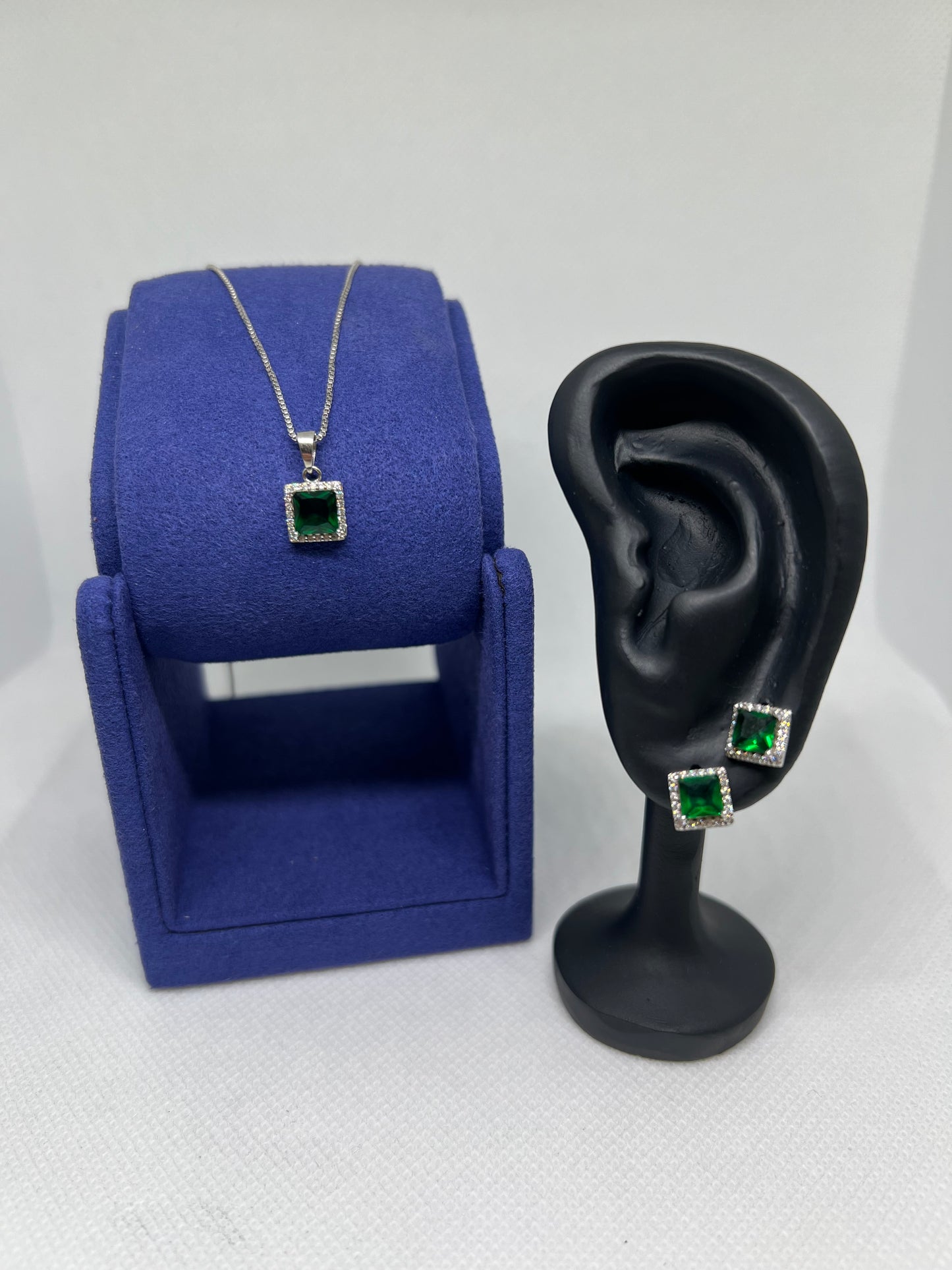Sterling Silver Emerald Square Earring and Pendant Set