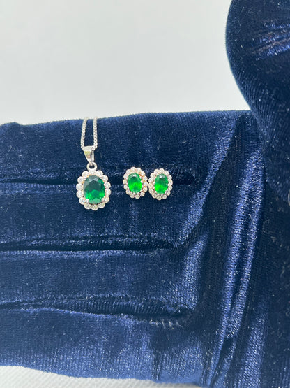Sterling Silver Emerald Oval Earring and Pendant Set