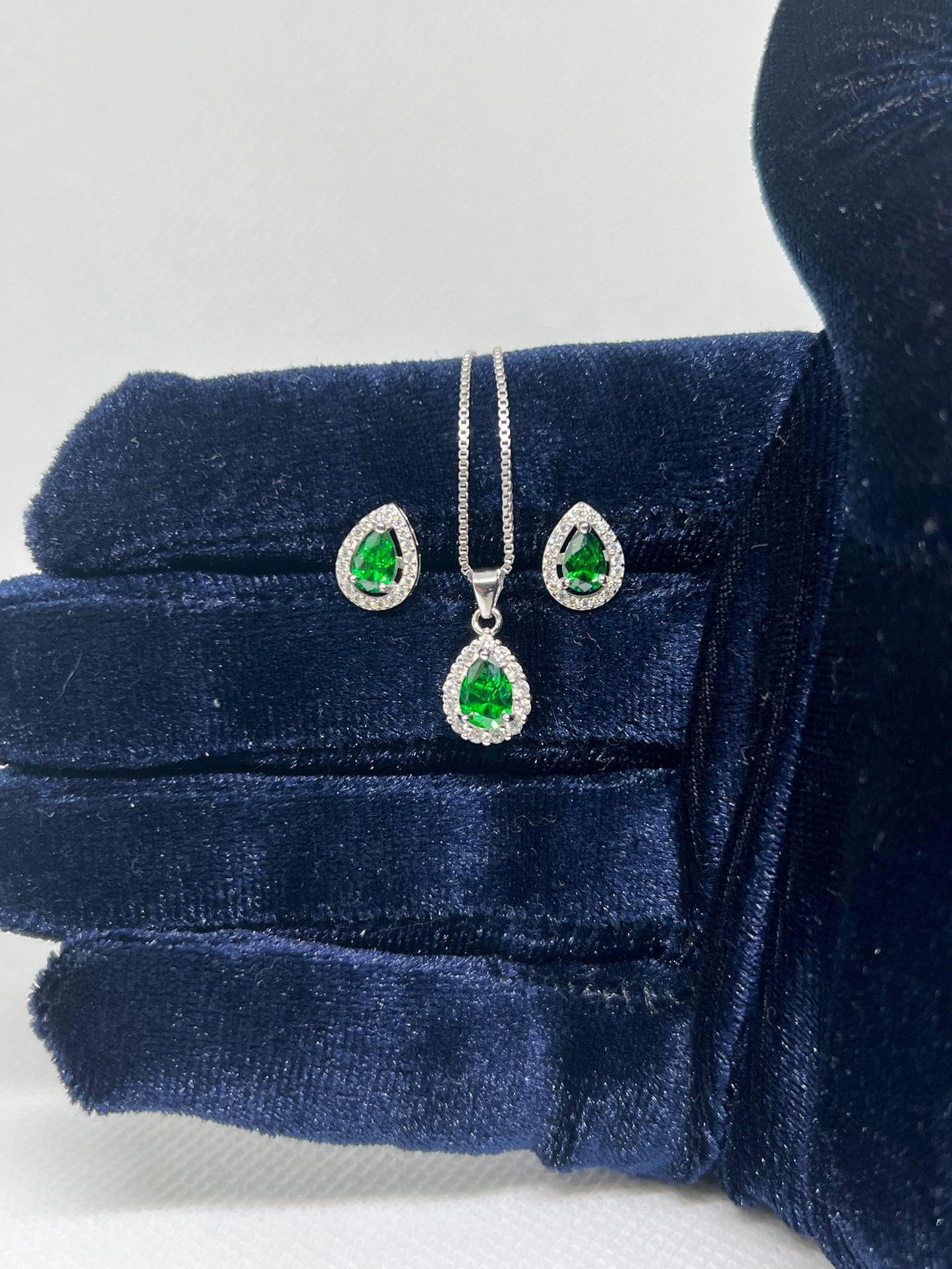 Sterling Silver Emerald Teardrop Earring and Pendant Set
