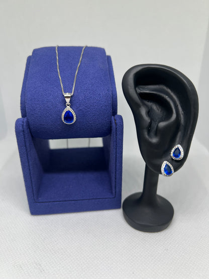 Sterling Silver Sapphire Teardrop Earrings and Pendant Set